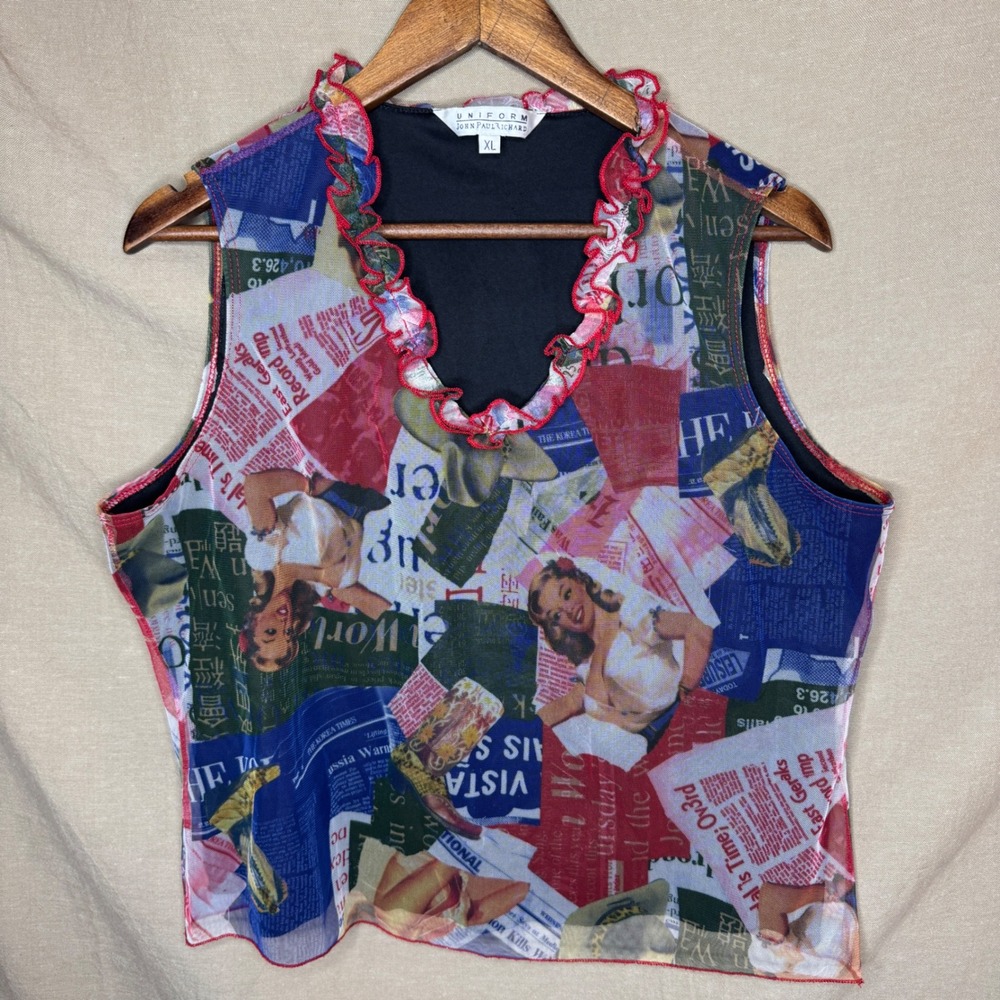 Uniform John Paul Richard XL Mesh Newspaper Pinup Print Ruffle V-Neck Tank Top